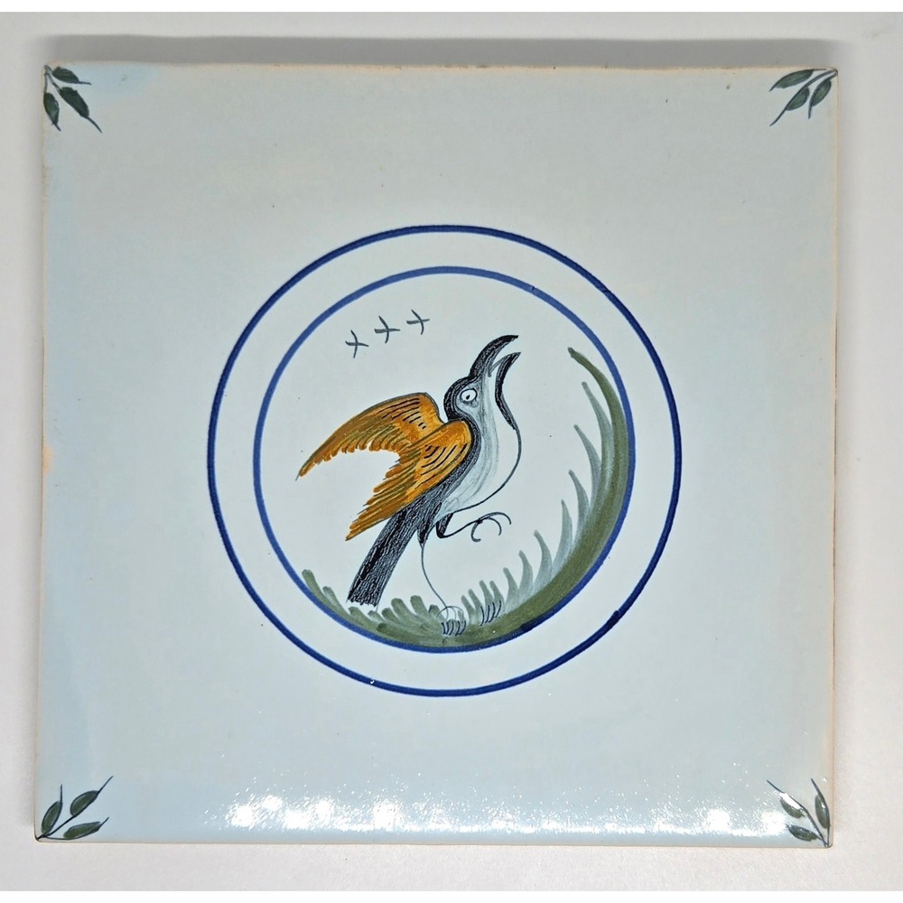 Vintage Geo Martel Tile w/ Blue Circle‎ Grey Bird, Made in Desvres, France